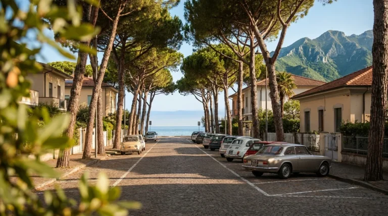 Auto in sosta tra pini, mare e montagne