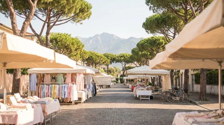 Banchi del mercato tra pini e montagne