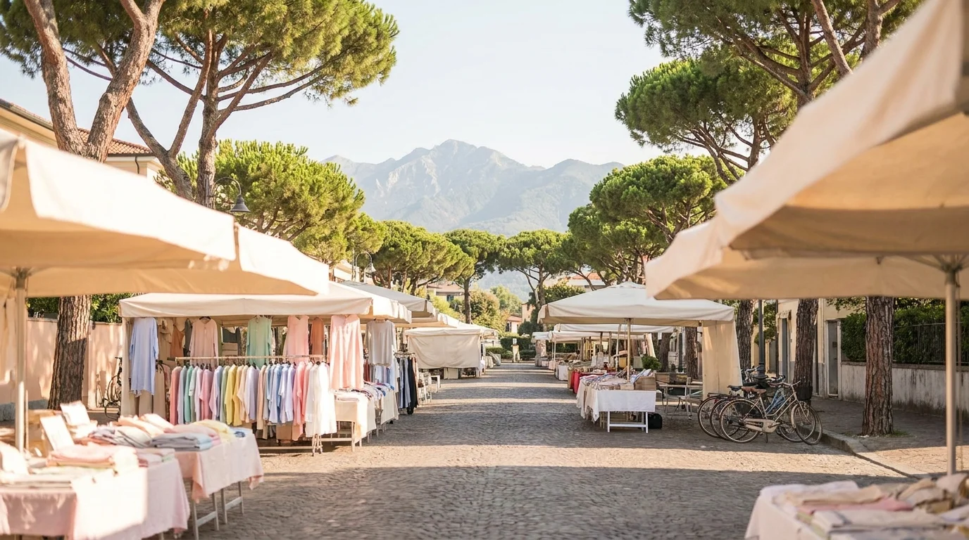 Banchi del mercato tra pini e montagne