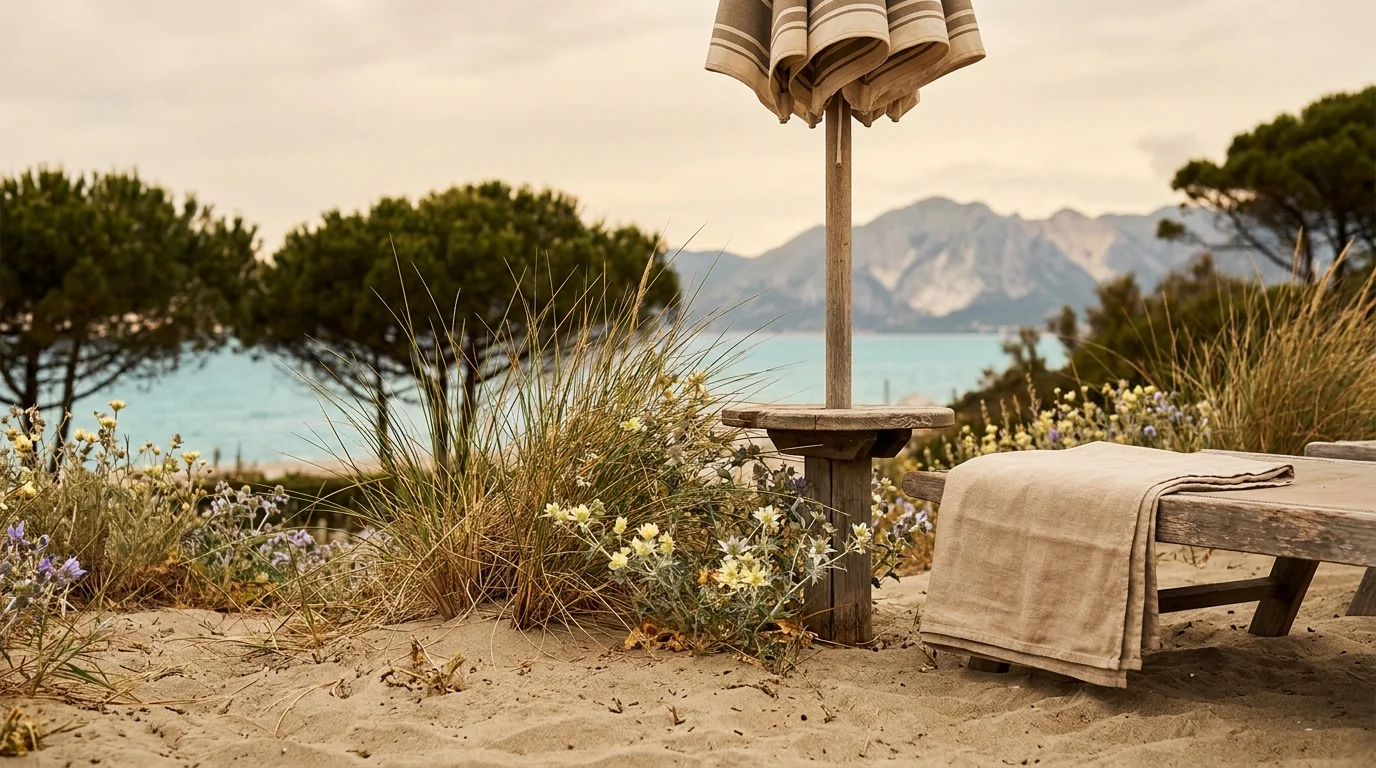 Dettagli di spiaggia tra sabbia e vegetazione