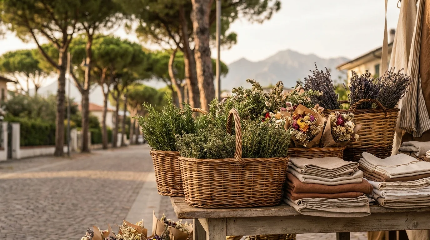 Erbe, fiori e tessuti esposti al banco