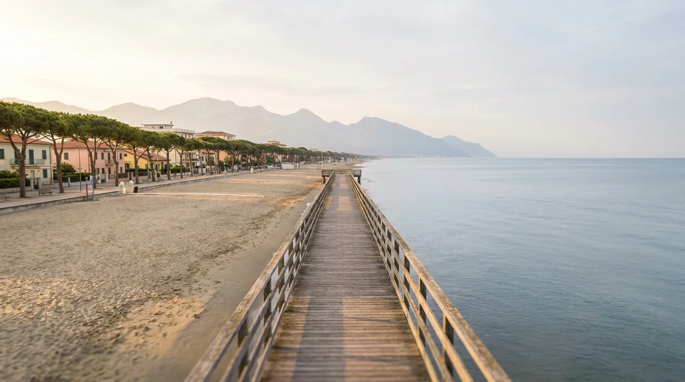La passerella si allunga sul mare tranquillo