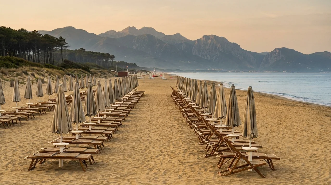 Ombrelloni ordinati tra mare e Alpi Apuane