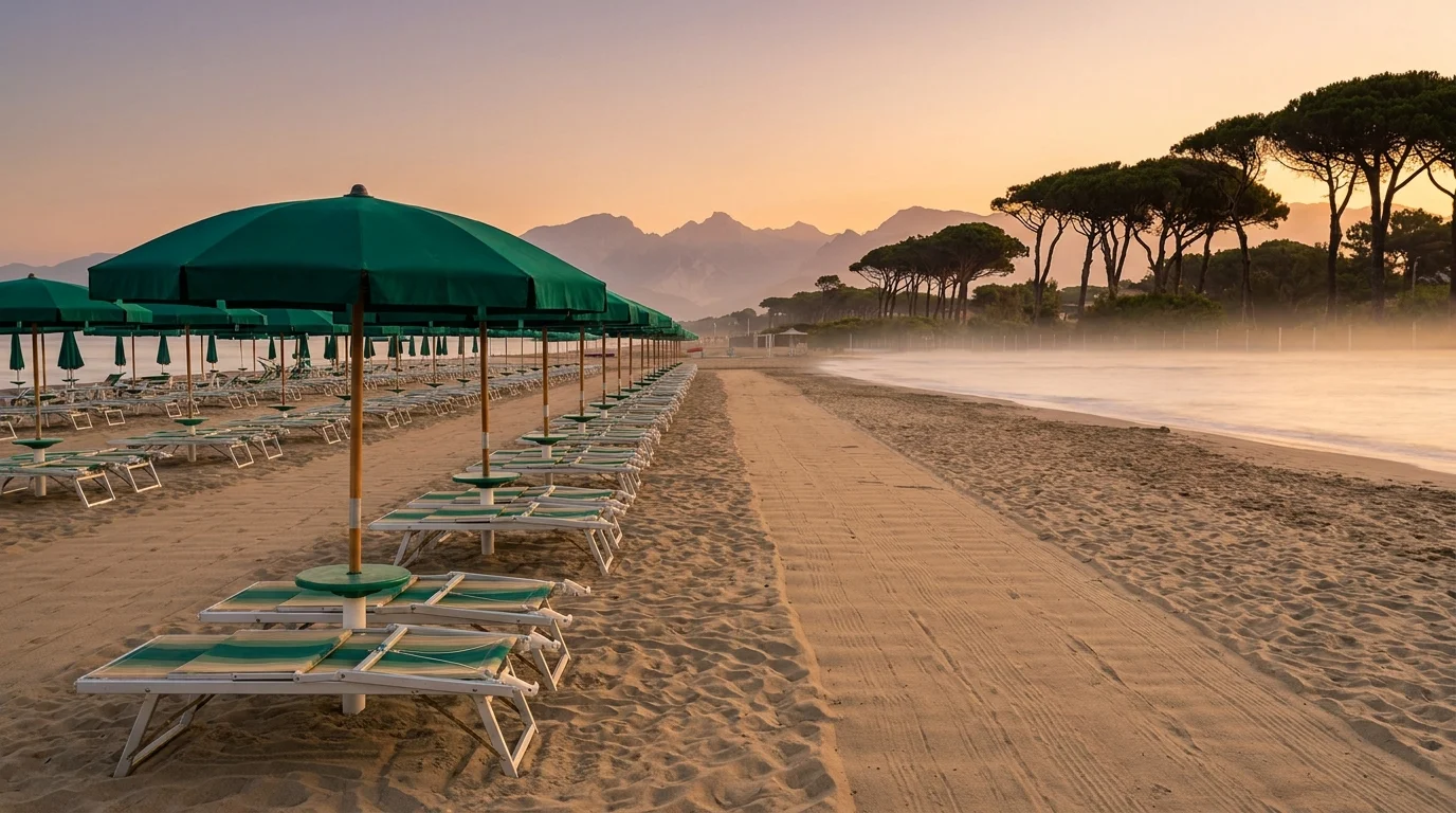 Ombrelloni pronti nella quiete del primo mattino