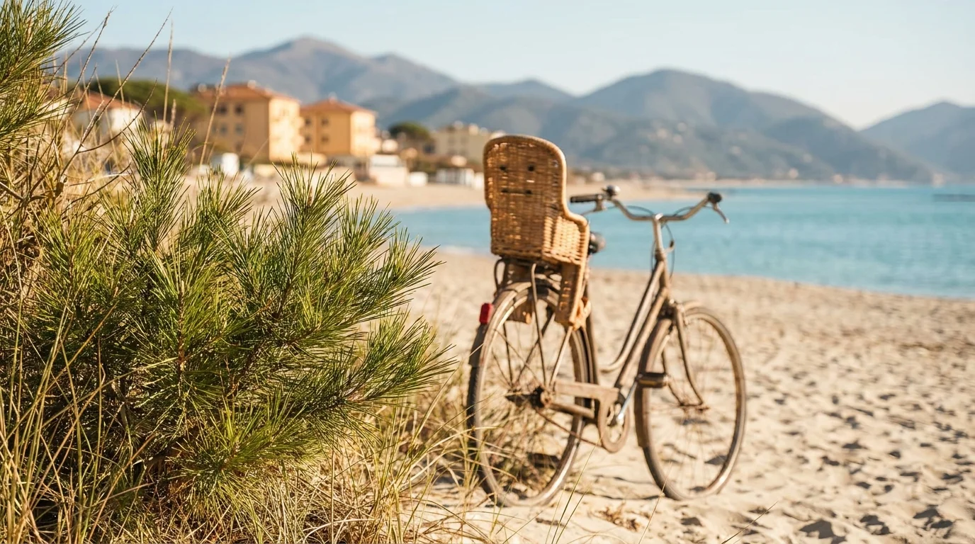 Pini marittimi e bicicletta accanto alla spiaggia