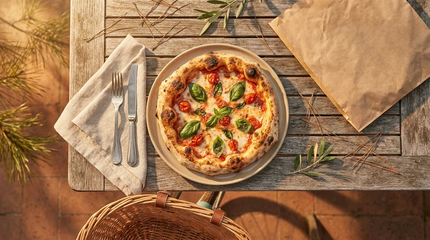 Pizza appena sfornata su un tavolo esterno