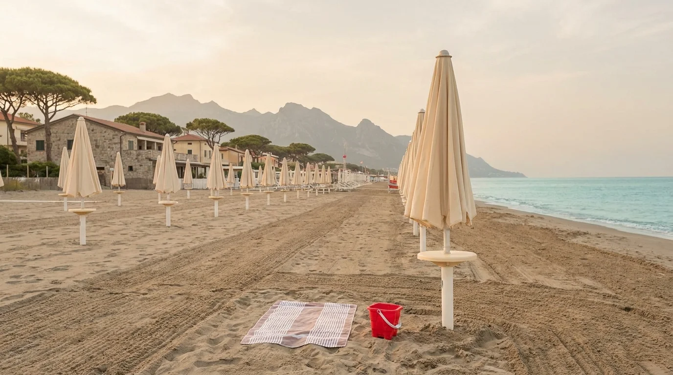 Spiaggia ampia, mare calmo e montagne sullo sfondo