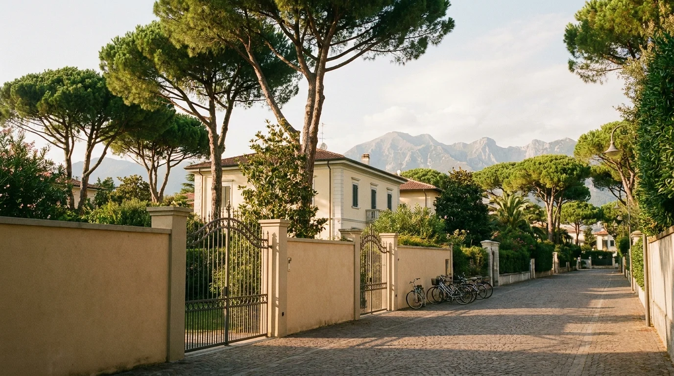 Una casa tra pini e profilo delle Apuane