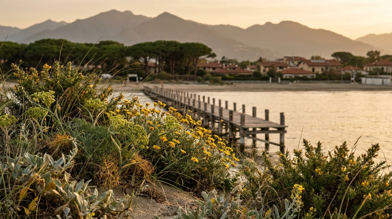 Vegetazione costiera tra sabbia, mare e montagne