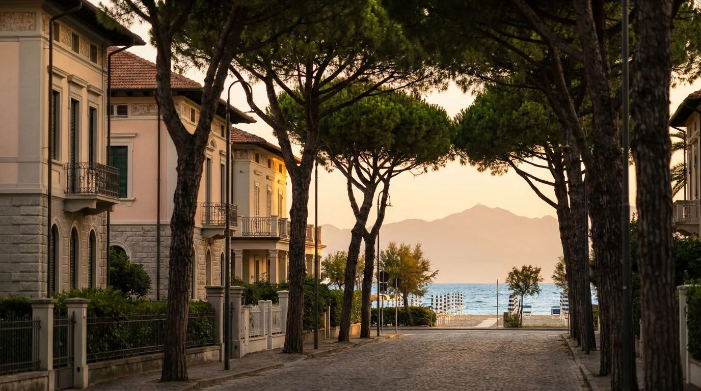 Viale costiero tra pini, mare e montagne