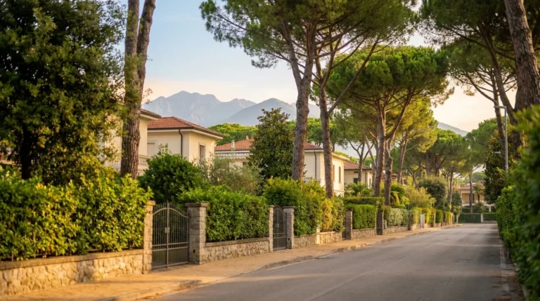 Ville e pini lungo una tranquilla strada residenziale